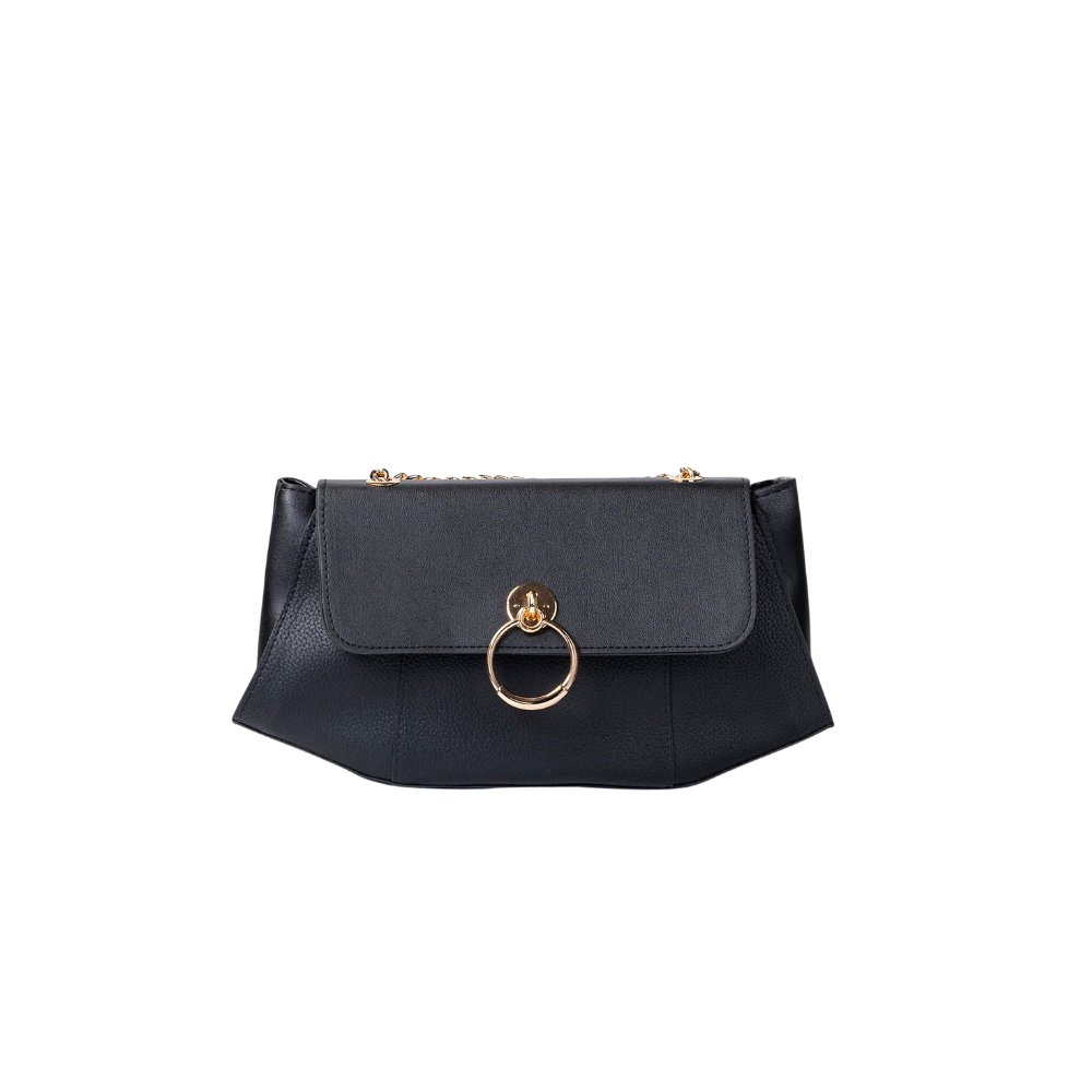 Black Zexov trapeze handbag with structured design, top handles, and sleek finish, perfect for stylish everyday use.