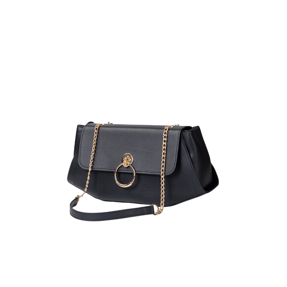 Black trapeze handbag by Zexov featuring a sleek design with handles and a spacious interior.