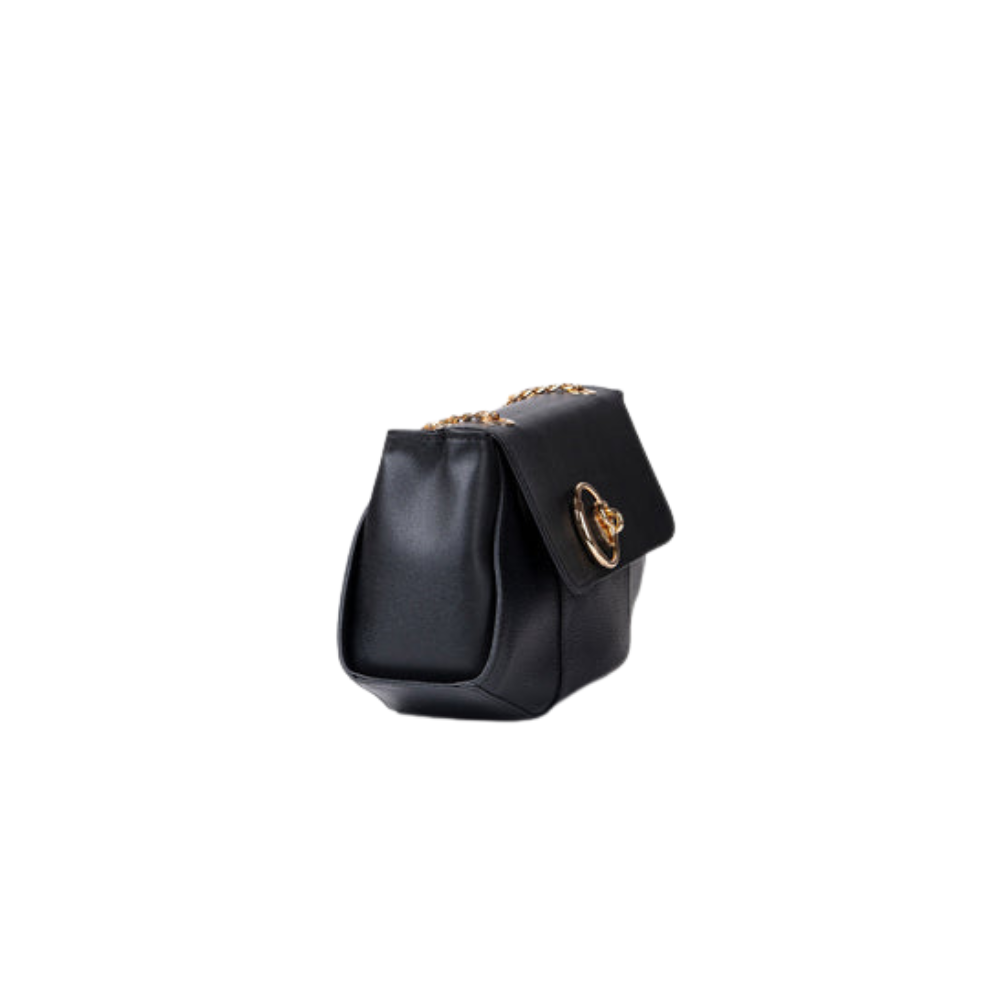 Black Zexov trapeze handbag with gold hardware, featuring a sleek, structured design and top handles for stylish carrying.