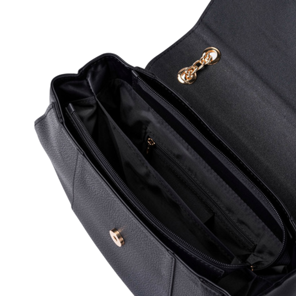Black Zexov trapeze handbag with sleek design, featuring two top handles and a spacious interior for everyday use.